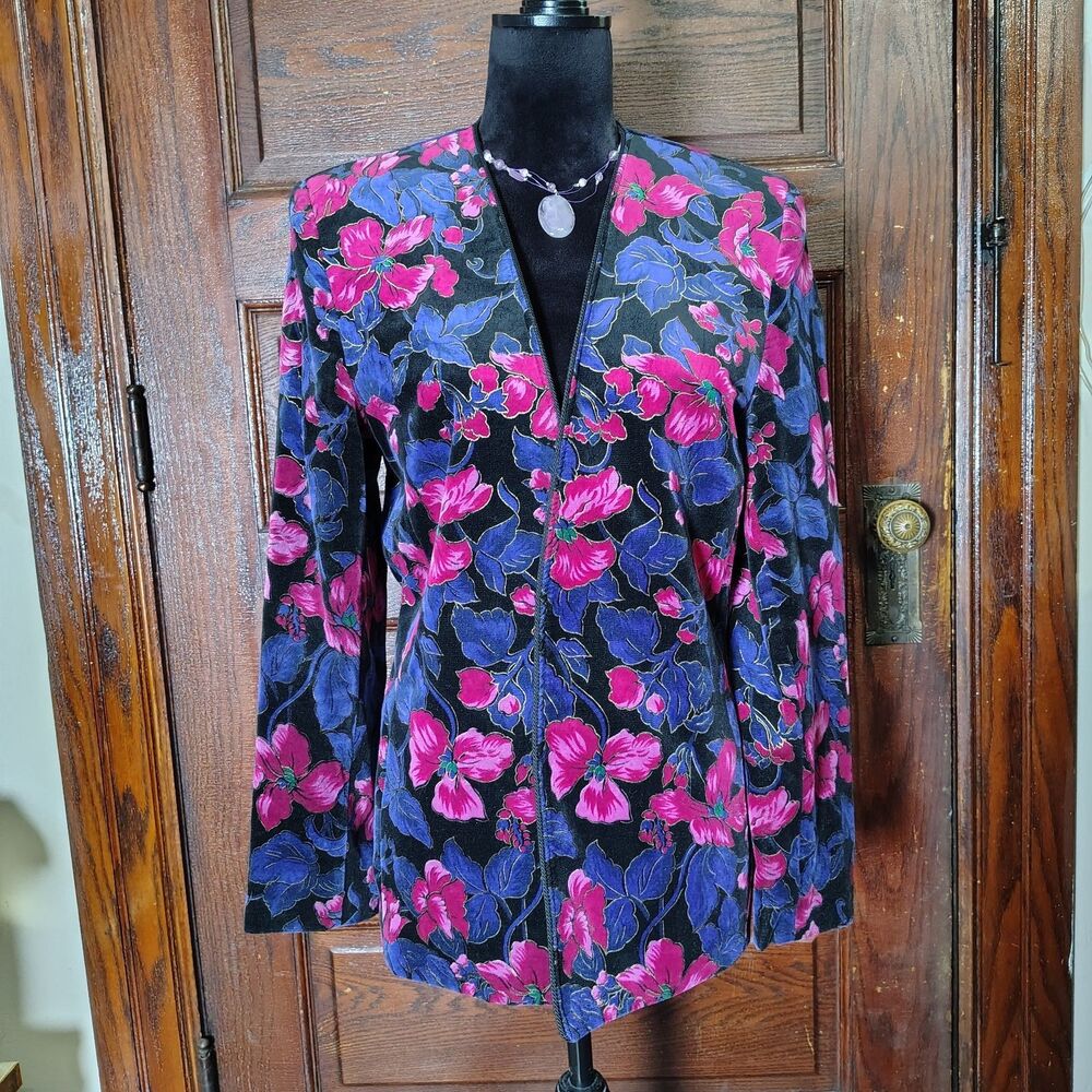 True Vtg Open Colorless Velvet Floral Blazer 100% Cotton Corp Core Wmns Sz 8